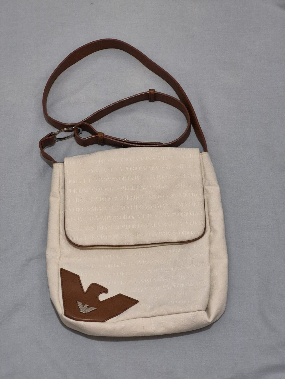Emporio Armani Cream Crossbody with Brown Trim and Logo Patch